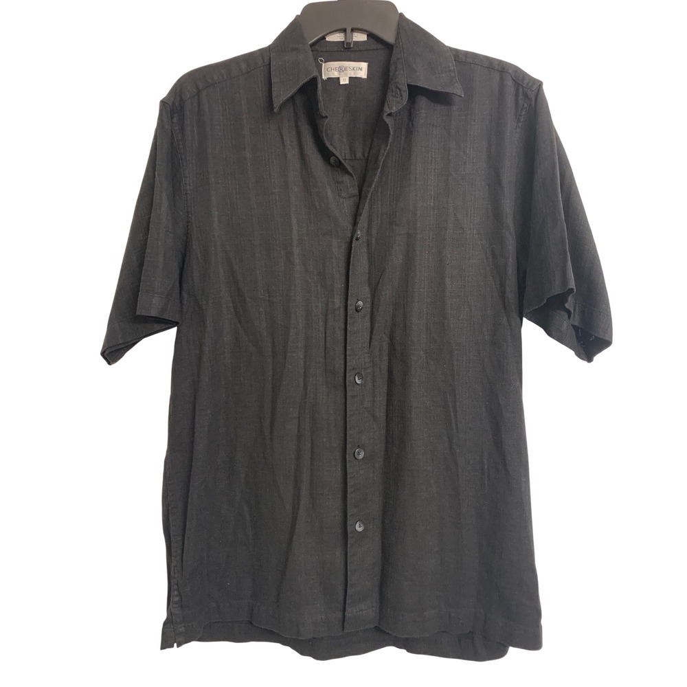 Chereskin  Black Linen Rayon Blend Short Sleeve Button Down Shirt Small